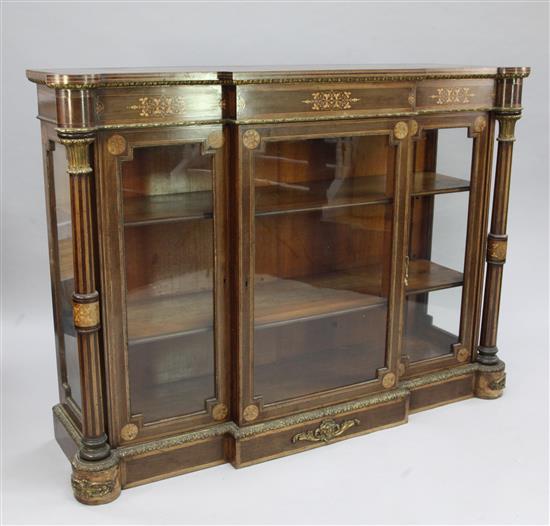 A Victorian rosewood banded, marquetry inlaid and ormolu mounted breakfront side cabinet, W.5ft